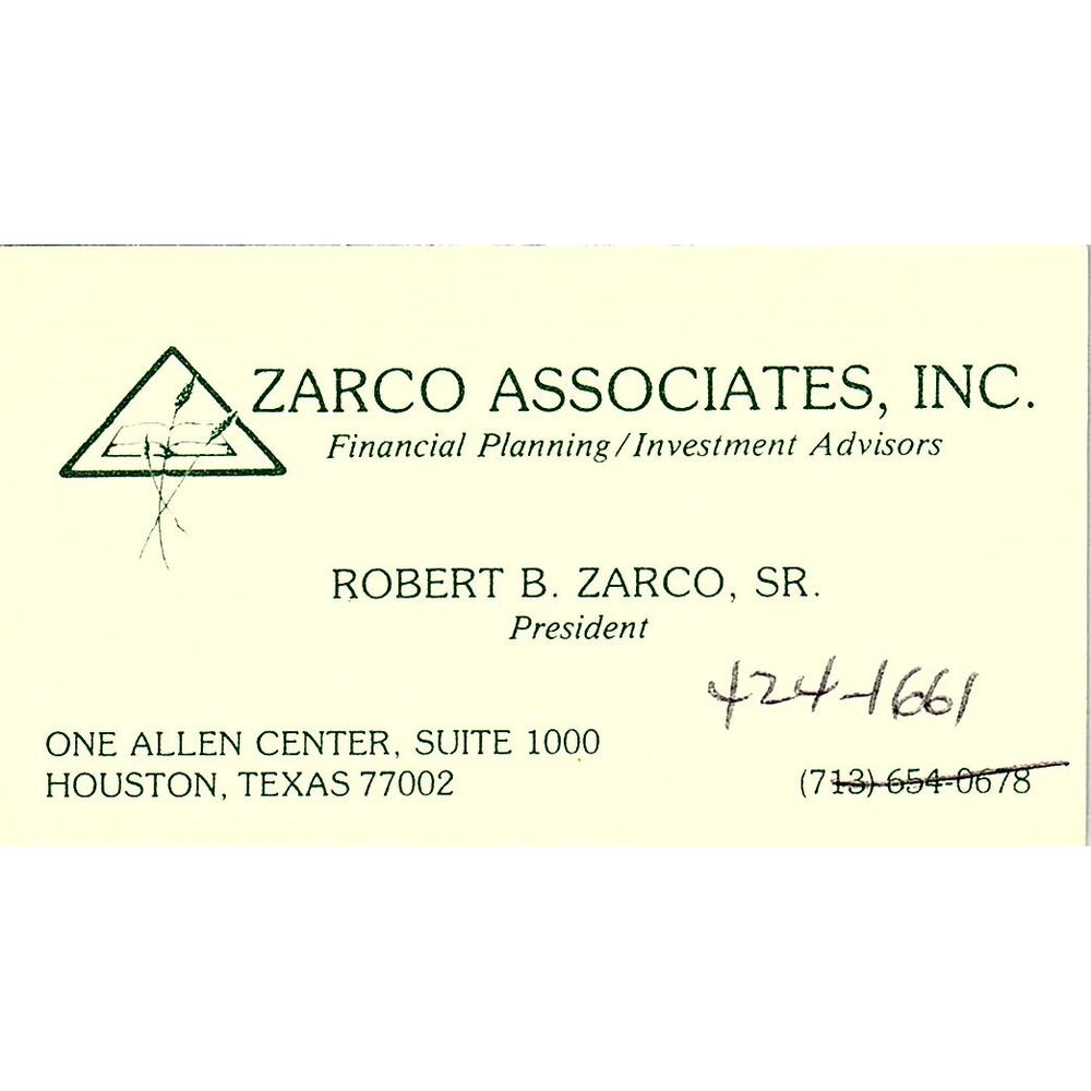 Zarco Associates Robert B. Zarco SR Houston Texas Vintage Business Card SF3-B4 - Picture 1 of 2